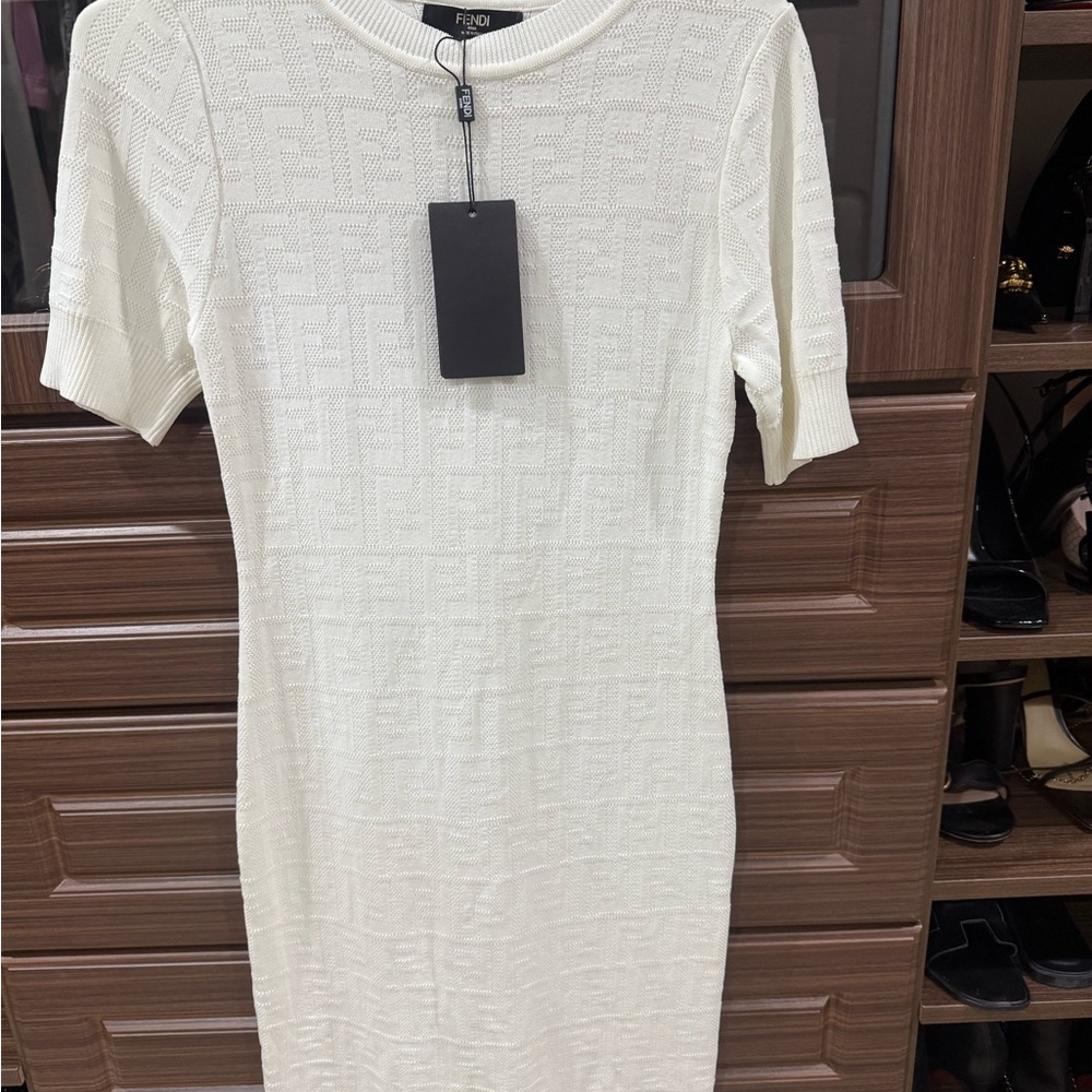 Fendi Cream Ribbed Midi Dress Short Sleeve Crew Neck